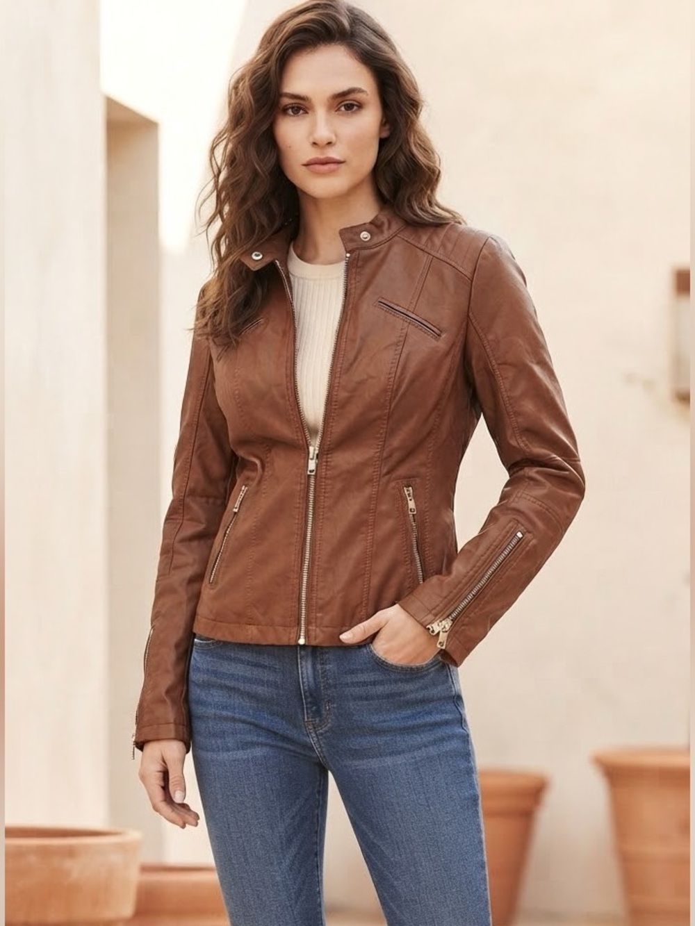 Guess Brown Faux Leather Moto Jacket S Floral Lining